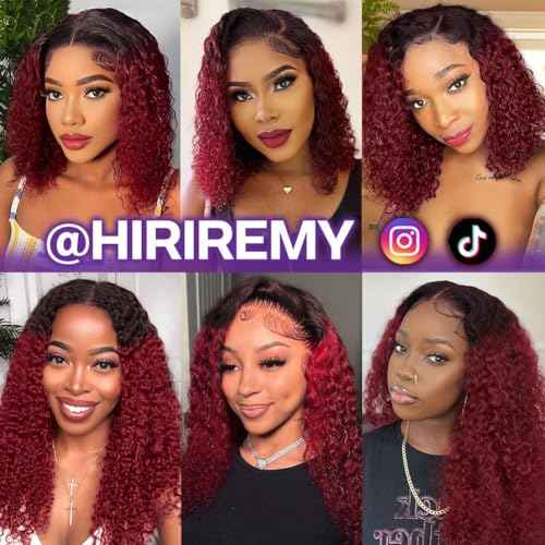 1B/99J Deep Wave BOB Wig Human Hair 18 Inch Ombre 99J Burgundy Lace Front Wigs Human Hair 13x4 HD Short Curly Frontal BOB Wigs For Black Women Human Hair Wear And Go Glueless Wine Red