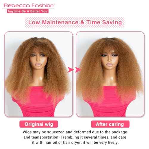 Rebecca Fashion Afro Kinky Curly Wig with Bangs Human Hair Minimalist 2.5x1 Lace Scalp Wig for Women Glueless Wear and Go Wigs Ombre Dark Brown to Honey Blonde Color