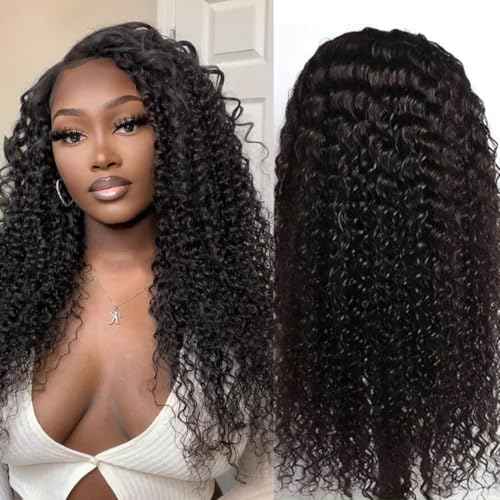 30 Inch 13x6 Deep Wave Lace Front Wigs Human Hair 180% Density Curly Human Hair Wigs Pre Plucked Jerry Curly Wigs Human Hair for Women Natural Black