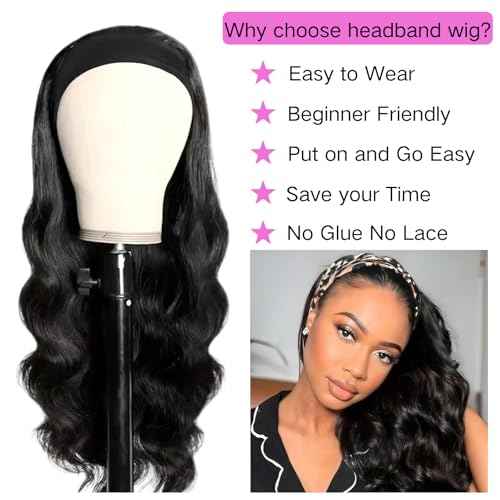 Headband Wig Human Hair Body Wave 22 Inch Glueless No Sew Headband Wig 100% Brazilian Virgin Hair 180% Dencity Wear and Go Headband Wigs for Black Women Natural Color Beginner Friendly