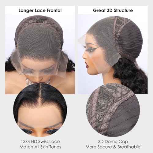 13x4 HD Transparent Lace Front Wigs Human Hair Pre Plucked Hairline with Baby Hair 200 Density Brazilian Water Wave Wigs for Black Women(20 Inch)