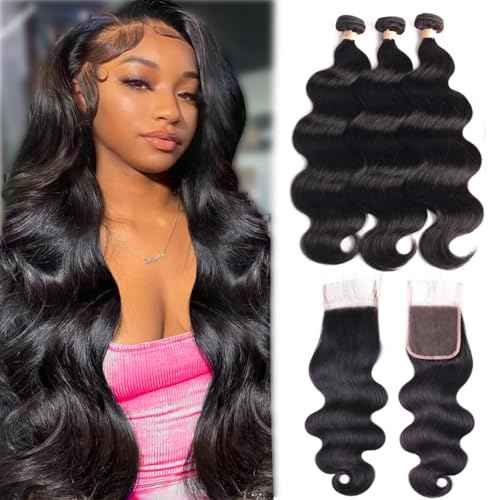 Real Human Hair Bundles Body Wave 16 18 20 Inch with 14 Inch Lace Closure, 3 Bundles Unprocessed Natural Black Remy Brazilian Virgin Cambodian Hair Wavy, 1b, No Tangle No Shedding