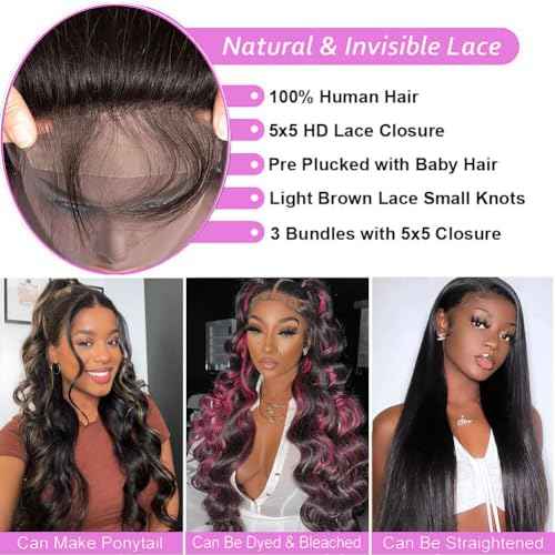 12A Body Wave Human Hair Bundles with Closure (18 20 22+16,Free Part) Closure with 3 Bundles Brazilian Virgin Hair Extensions with Pre Plucked with Baby Hair 5X5 HD Lace Closure Natural Black Color