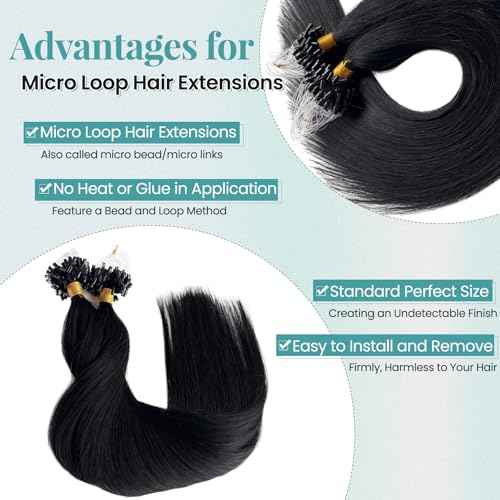 Microlink Hair Extensions Human Hair Jet Black Micro Beads Extensions for Black Women 26 Inch Long Soft Real Human Hair Straight Natural Color Micro Ring Extension Bundle No Weft No Glue 50s 50g