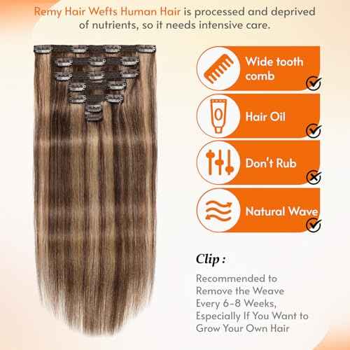 Clip in Hair Extensions Real Human Hair 18 inch, 7Pcs/70g Human Hair Clip in Extensions, Seamless Clip in Hair Extensions Human Hair #4/27 Medium Brown/Dark Blonde, 18 Inch