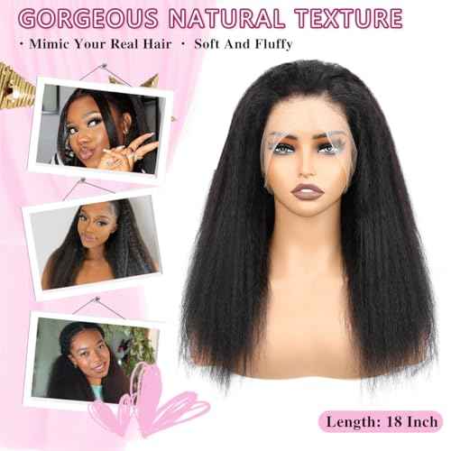 Kinky Straight Human Hair Wig 360 Lace Front Wigs Human Hair 180% Density Yaki Straight Human Hair Wig 18Inch 360 Lace Frontal Wigs Human Hair for Women Natural Color