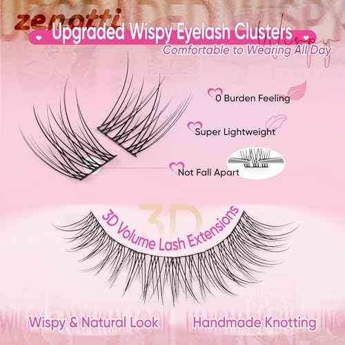 Natural Lash Clusters Kit Wispy Eyelash Clusters Kit Natural Lash Extension Kit C-Curly Individual Lashes Short Eyelash Extensions with Lash Bond and Seal and Eyelash Tweezers 9-12MM 144PCS by zenotti
