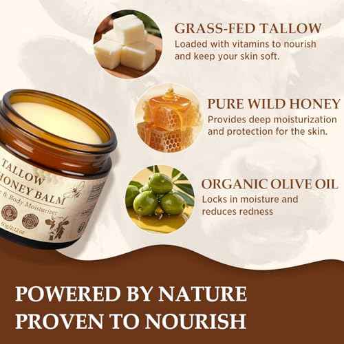 Beef Tallow for Skin, Tallow and Honey Balm for Face, Grass-Fed Beef Tallow & Raw Wild Honey, Deep Hydration & Nourishment, Oil-Free & Unscented, Fast Absorbing