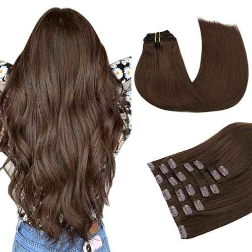MAXITA Clip in Hair Extensions Real Human Hair, 7 pcs Chocolate Brown 22 Inch 120g, Clip ins Remy Hair Natural Straight Hair for Woman