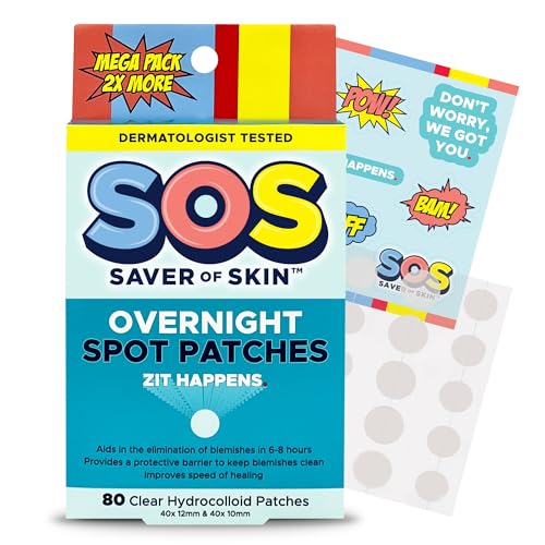 SOS SAVER OF SKIN™, Blemish Patches, Fast Working Hydrocolloid Acne Patches for Covering Pimples, Zits, and Blemishes on Face and Skin, Absorb Fluids, Latex Free, Vegan (40, Transparent)