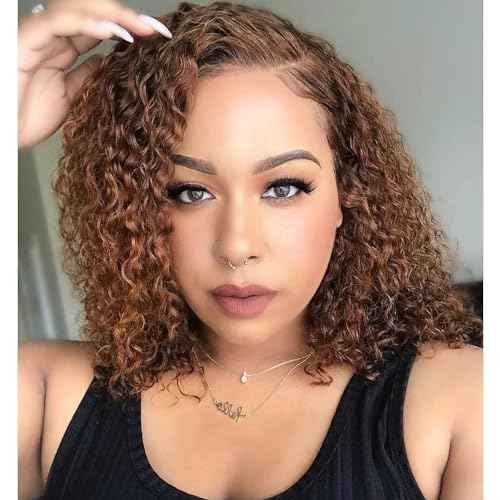 Ombre Brown Curly Brazilian Remy Human Hair Glueless 13¡¿4 HD Lace Front #4/30 Colored Preplucked Deep Part Closure Lace with Baby Hair for Black Women 150% Density 8 Inch