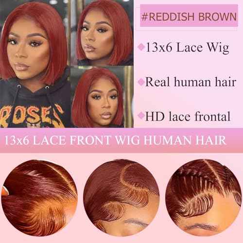 Reddish Brown Bob Wig Human Hair 13x6 HD Lace Front Wigs Human Hair Glueless Bob Wig Human Hair Pre Plucked with Baby Hair 180% Density 16 Inch