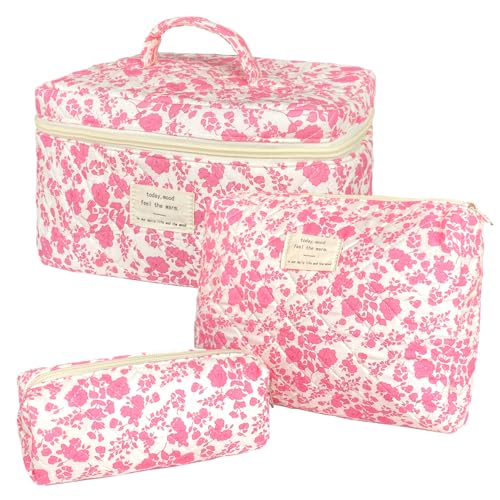 Pink Large Quilted Floral Makeup Bag Set of 3 Cute Coquette Aesthetic Cosmetic Bag Set Travel Toiletry Bag for Women
