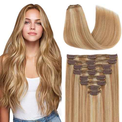Elailite Clip in Hair Extensions Real Human Hair Double Weft Thick 8pcs Weft Golden Brown & Bleach Blonde 18 Inch 140g Remy Hairpieces Balayage Full Head Straight for Women