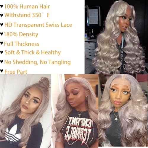 Grey Lace Front Wigs Human Hair Pre Plucked with Natural Hairline 13x6 Glueless Wigs Human Hair 180 Density Highlight Body Wave Lace Frontal Wig 26 Inch