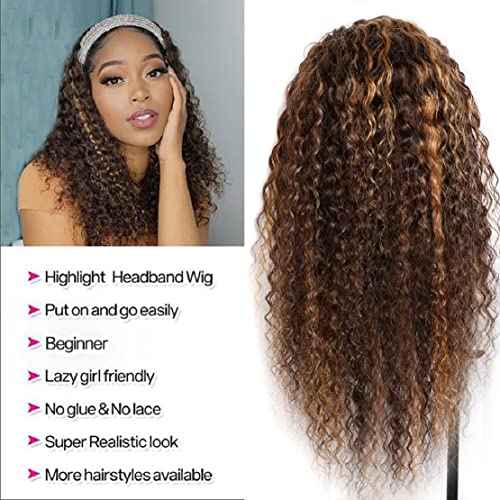 Highlight Deep Wave Wigs Human Hair 24 Inch Ombre Curly Headband Wig Human Hair Wigs for Black Women Human Hair Non Lace Front Wigs Brazilian Virgin Hair Brown Glueless Wear and Go Wigs Blonde