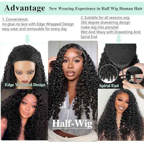 Burmese Curly Half Wigs Human Hair with Drawstring And Spiral End,200% Density Wear And Go Glueless Wigs Curly 3 In 1 Half Wig for Women,Wet And Wavy Water Wave Human Hair,Natural Black(20 Inch)