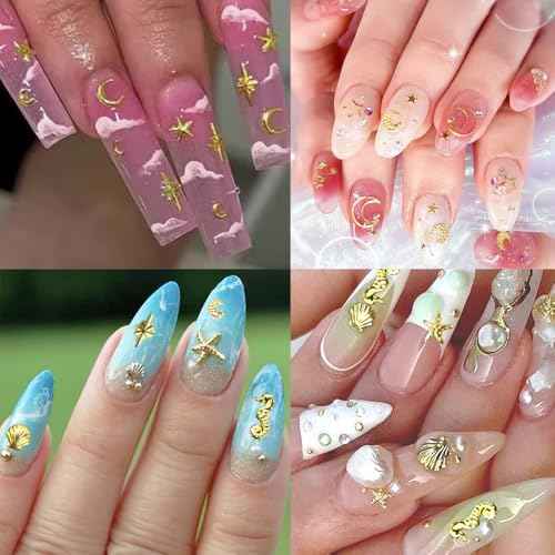 Gold Nail Charms, 2Boxes Gold Star Ocean Nail Gems Charms, Metal Small Star Moon Seashell Starfish Summer Charms for Acrylic Nail Art Alloy Nail Rhinestones for Women DIY Accessories