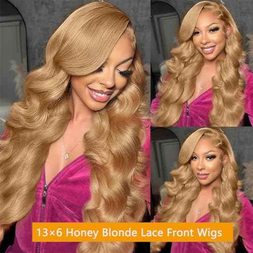 Honey Blonde Wig Human Hair 200% Density 13x6 Honey Blonde HD Body Wave Lace Front Wigs Pre Plucked Colored 27# Human Hair Wig 24 Inch