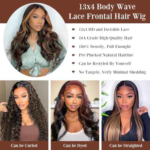 IDHERE Highlight Ombre 1B/30 Brown Transparent Lace Frontal Wig Human Hair Body Wave 13x4