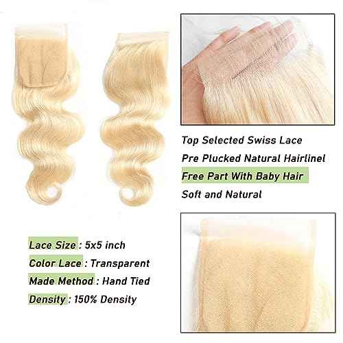 613 Blonde 5x5 Closure 150% Density Body Wave Hd Lace Closure 10a Brazilian Virgin Human Hair Pre Plucked with Baby Hair Natural Hairline Bleached Knots 18 Inch