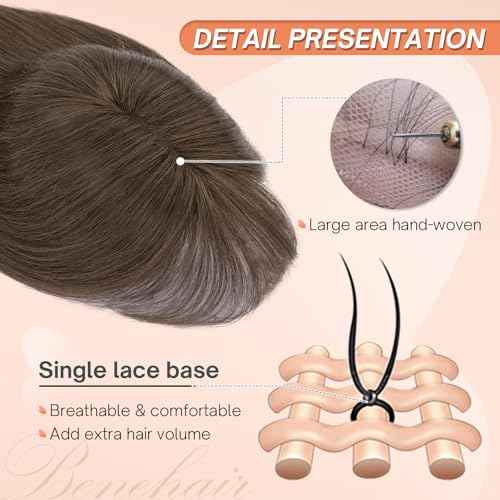 Benehair Hair Toppers for Women Real Human Hair 360¡Æ3D Clip in Bangs Toppers with Bang for Thinning 150% Density Hairpieces Lace Base Long Coverage Wiglet for Daily Use #02 Dark Brown 12Inch