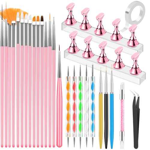 Nail Art Tools Set, Nail Stand for Press on Holder for Painting Nails, Nail Art Brushes, Liner Brushes, Nail Dotting Tool, Must Haves Design Tools Supplies Kit for Nail Tech & Beginners (Pink)
