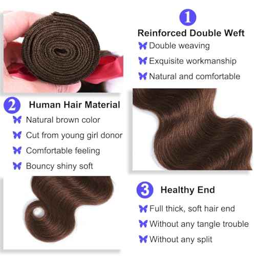 Brown Human Hair Bundles 12A Body Wave Bundles Human Hair 16 18 20 20 Inch 4 Bundles Deal with Baby Hair Unprocessed 100% Indian Sew In Color 4 Bundles Deals with Edges Stripes