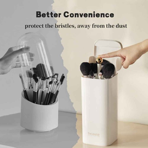 Esdallina Automatic Lifting Makeup Brush Holder with Lid Dustproof Cosmetic Organizers for Vanity-White