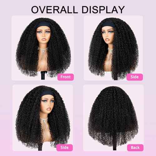 Headband Wig Human Hair Kinky Curly Headband Wigs for Black Women 22 Inch Human Hair Headband Wig Curly Headband Human Hair Wig Half Wigs 150% Density Natural Black Color