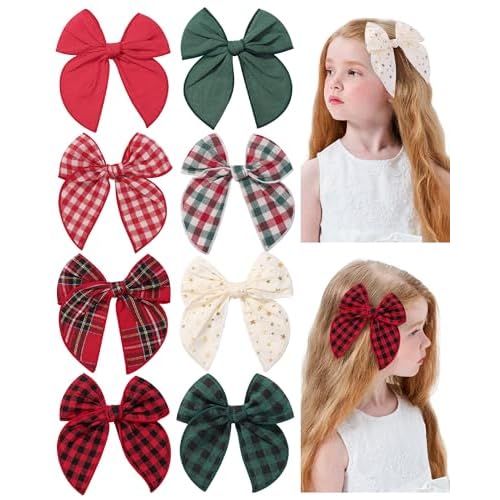 doboi 8PCS 5.5" Christmas Baby Girls Hair Clips Fable Hair Bows Cotton Linen Bows for Girls Gingham Hair Accessories for Baby Toddlers Kids