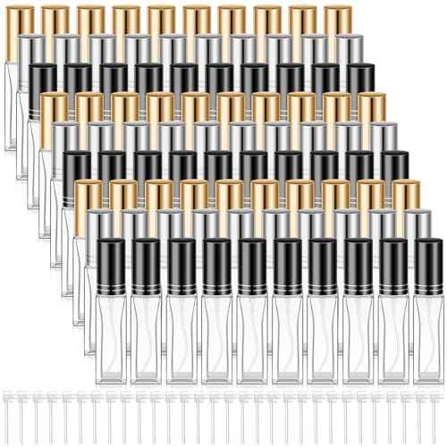 Domensi 90 Pcs 10 ml Empty Glass Perfume Bottles Bulk - Gold,Silver,Black Refillable Cologne Spray Atomizer with Pump, for Travel, Skincare, Haircare, Cleaning & DIY Essentials