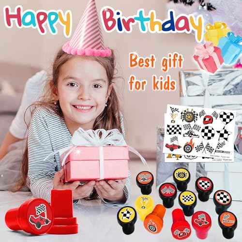 36PCS Checkered Flag Party Favors - 24PCS Temporary Tattoos & 12PCS Stamps - Ideal Black and White Race Flag Themed Birthday Card Decorations Supplies Goodie Bag Cute Rewards for Boys Girls Gifts