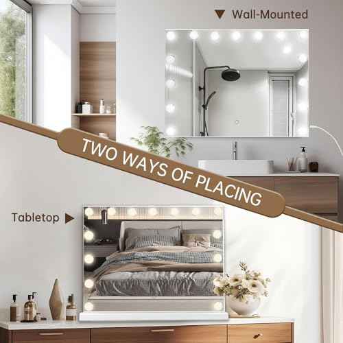 Hollywood Vanity Mirror with Lights, 23"x18" Lighted Makeup Mirror for Desk/Wall Mount with 15 Led Bulbs, 3 Lighting Modes for College Dorm, Bedroom & Dressing Room (White)