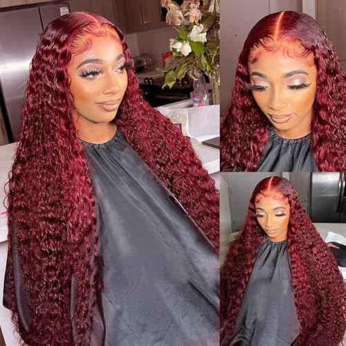 99J Burgundy Deep Wave 13x6 Lace Front Wigs Human Hair 200% Density Lace Frontal Wigs Human Hair Pre Plucked 99j Burgundy Deep Curly Wave HD Lace Front Wigs for Women (16Inch)