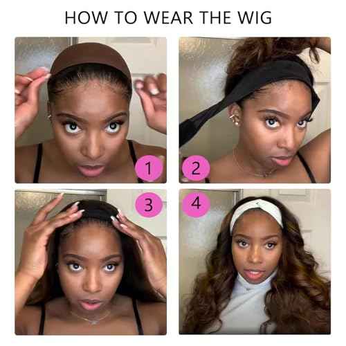 Ombre Headband Wig Human Hair #4/27 Highlight Body Wave Headband Wig Glueless None Lace Front Wig Brazilian Virgin Human Hair Wigs for Black Women Wear andGo Wig 180% Density 16 inch