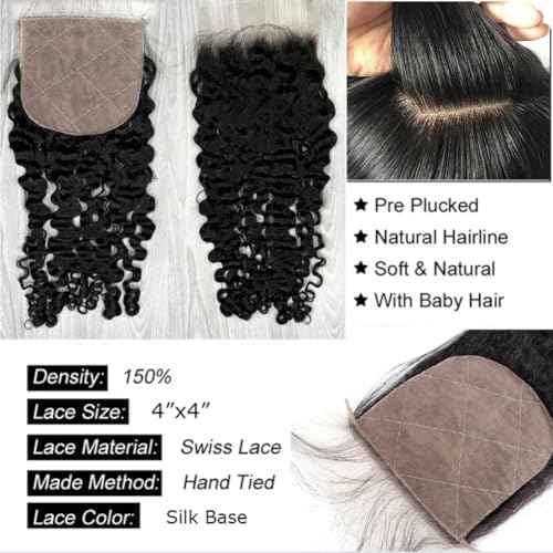 Burmese Curly Silk Closure 4"x4" Silk Base Lace Human Hair Top Full Closure Piece Hidden Knots Free Part Raw Hair 20" inch Natural Black 1b