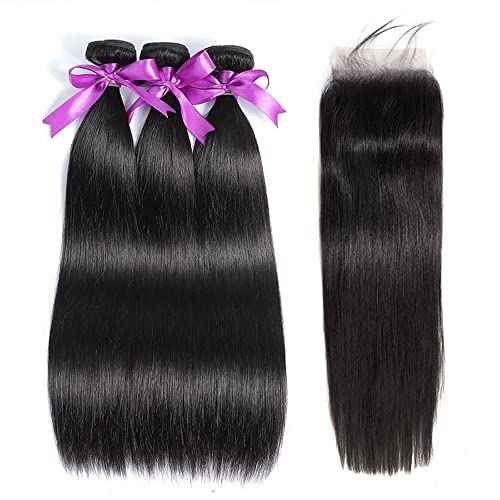 Straight Bundles with Closure Human Hair 16 18 20+14 Brazilian Human Hair Bundles with Closure Straight 100% Unprocessed Virgin Weave Hair Bundles with Lace Closure