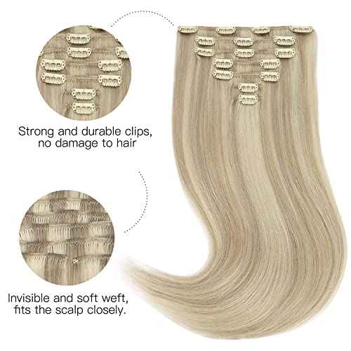 HOTBANANA Human Hair Clip in Hair Extensions, Ash Blonde Highlighted Platinum Blonde Hair Extensions 120g Clip in Hair Extensions Real Human Hair Straight Remy Hair Clip Ins 20 Inch 7pcs