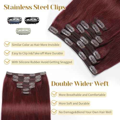 Clip in Hair Extensions Real Human Hair, Burgundy Red ? 18 Inch 7pcs 150g/Pack, Soft Hair Extensions Real Human Hair Clip ins Straight for Women, Capable for all Occasion (#99J 18 Inch)