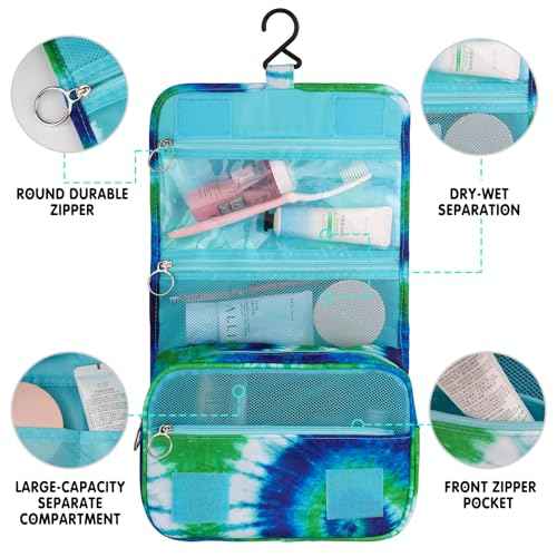 Tie Dye Hanging Toiletry Bag for Girls, Travel Toiletry Bag for Teen Girls Cosmetic Makeup Waterproof Wash Bag Traveling Toiletries, Blue