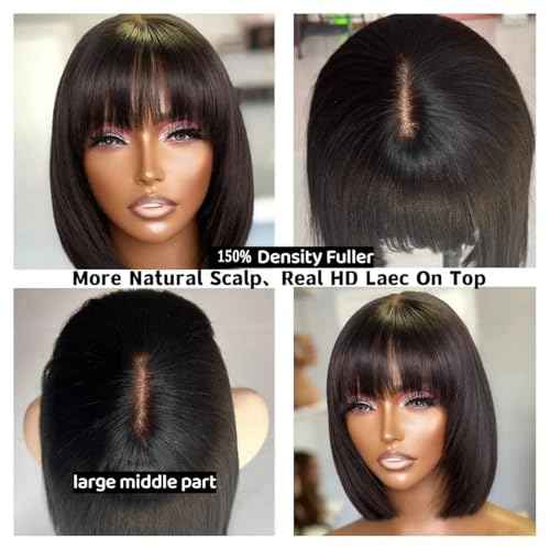 Short Bob Wig with Bangs for Black Women Human Hair Glueless Straight Layered 2x1 Transparent HD Lace Wigs Natural Black Color 16 Inch