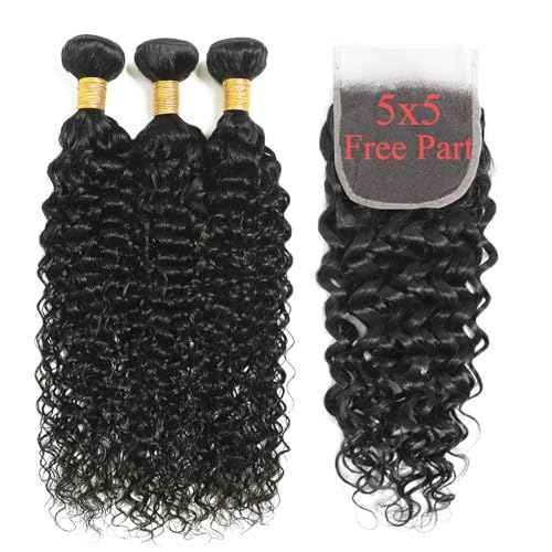 Water Wave Bundles with Closure Human Hair Wet and Wavy 18 20 22 inch 100% Unprocessed Virgin Human Hair Bundles with 16 inch Closure 5x5 Lace Free Part