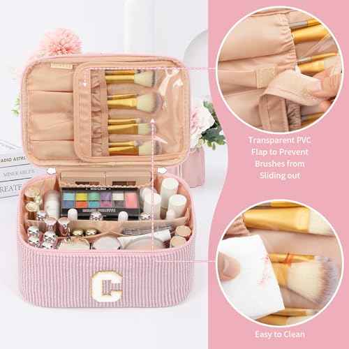 OCHEAL Makeup Bag for Women, Monogram Cosmetic Bag with Brush Holder, Pink Travel Makeup Case Beauty Toiletry Bag Organizer Personalized Gifts for Girls Bridesmaid, Sister, Wife, Friends Initial C