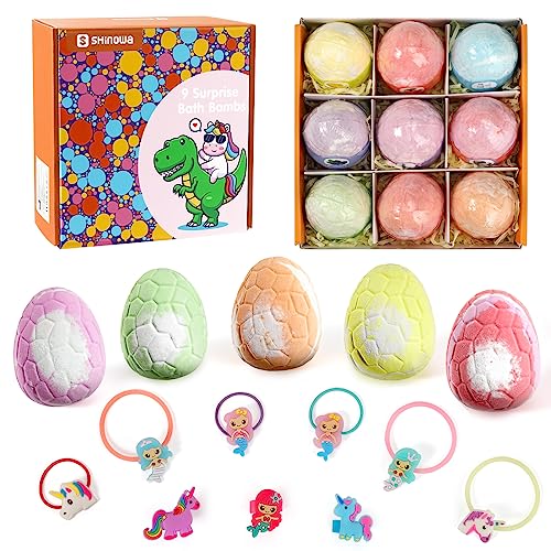 Shinowa 9 Pack Bath Bombs with Surprise Toys Inside, 2.9 lbs XXL-Large Organic Bath Bombs for Kids, Bath Bombs Gift Set with Jewelry Inside, Natural Handmade Fizzy Balls Kit for Kids, Girls, Toddlers