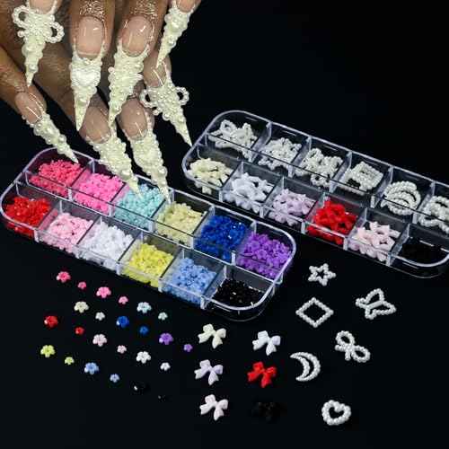 8 Boxes 3D Nail Charms and Gems Bulk Cute Charms for Nails Design kit Bling Crystals Rhinestones Colorful Flower Pearls Star Bows Accessories