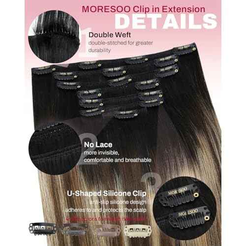 Moresoo Clip in Hair Extensions Balayage Double Weft Human Hair Clip in Extensions Ombre Black to Brown Mixed with Caramel Blonde 7pcs 120Grams 20inch