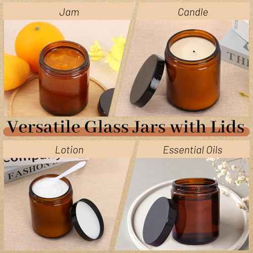 AuroTrends 8 oz Amber Glass Jars with Lids (12-Pack) - Candle Jars for Making Candles, Amber Cosmetic Cream Jar - Leakproof Plastic Lids & Labels Included (8fl.oz-12Pack)