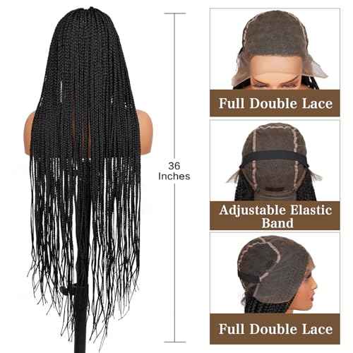 Box Braided Wigs For Women 36"" Full Double Lace Braided Wig With Baby Hair Large Square Knotless Long Braided Wigs Synthetic Handmade Full Lace Braided Wig, Black