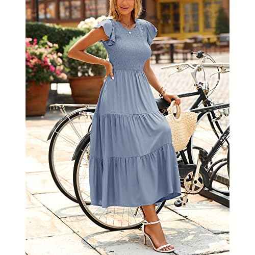 BTFBM Women Casual Short Sleeve Crew Neck Summer Dress Bohemian Floral Printed Flowy Maxi Dresses Tiered Cocktail Dress